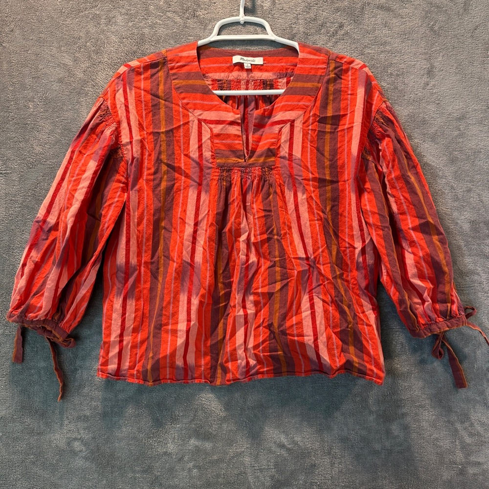 Madewell Peasant Top Women Size S Red Orange Striped Boho Tie Sleeve Blouse